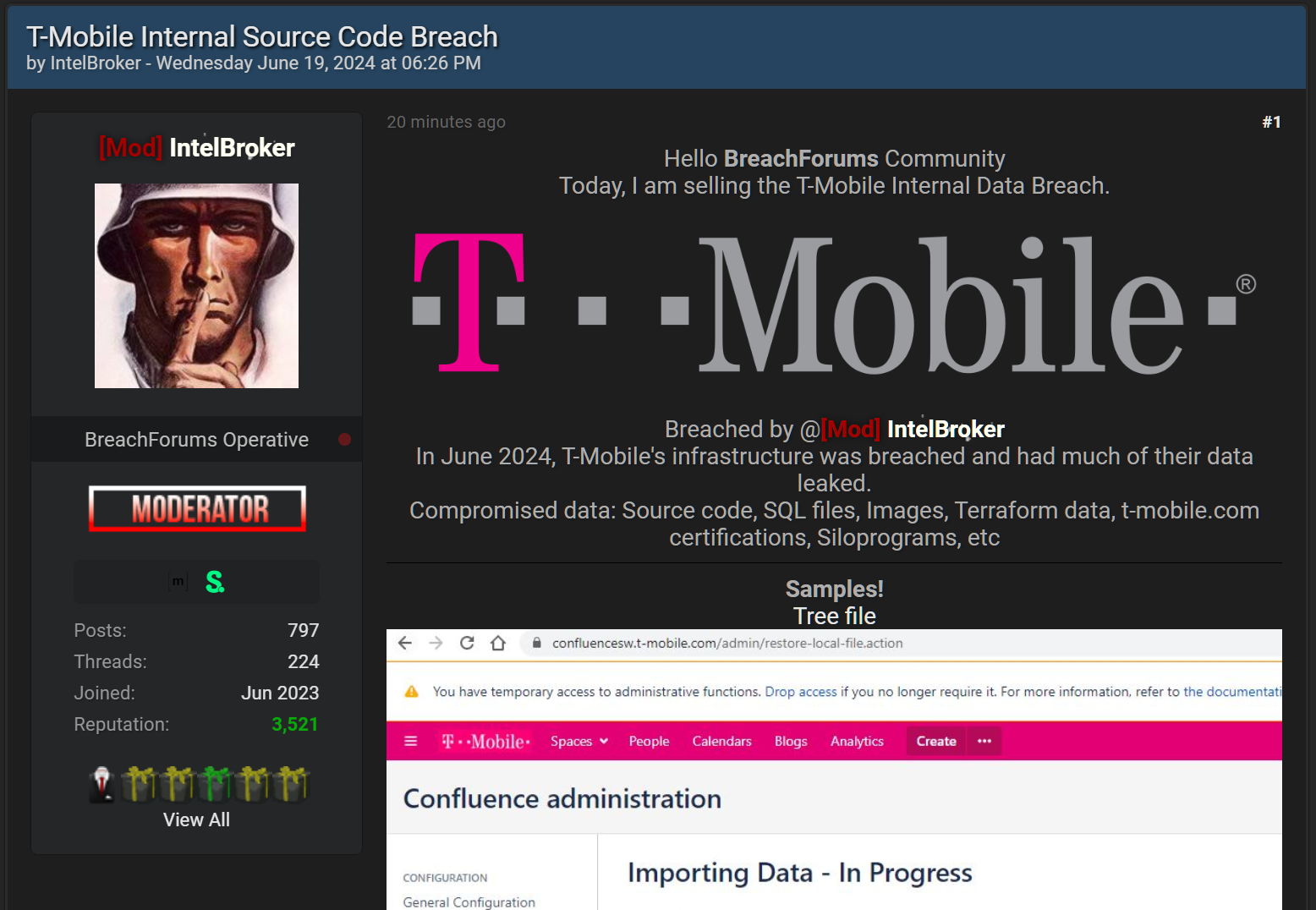 IntelBroker post about alleged T-Mobile breach