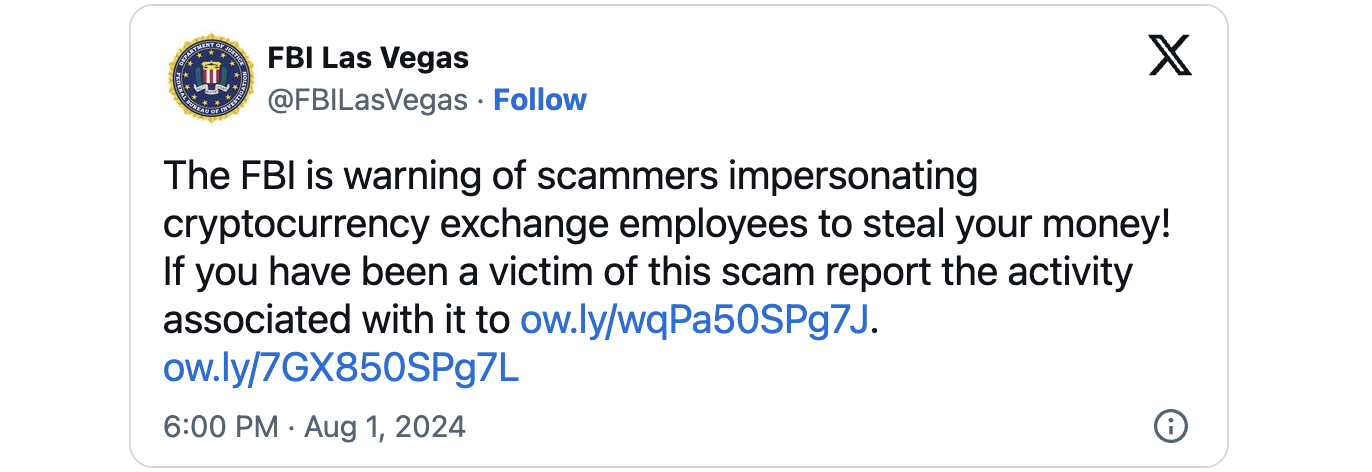 FBI crypto-exchange impersonators warning